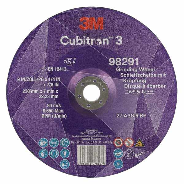 Disque à meuler à moyeu déporté 3M Cubitron 3, 98291, 36+, T27, 230 mm x 7 mm x 22,23 mm, EN, 10/paquet, 20 pièces/carton