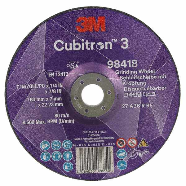Disque à meuler à moyeu déporté 3M Cubitron 3, 98418, 36+, T27, 180 mm x 7 mm x 22,23 mm, EN, 10/paquet, 20 pièces/carton