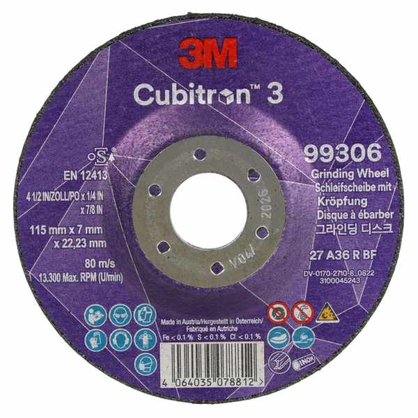Disque à meuler à moyeu déporté 3M Cubitron 3, 99306, 36+, T27, 115 mm x 7 mm x 22,23 mm, EN, 10/paquet, 20 pièces/carton