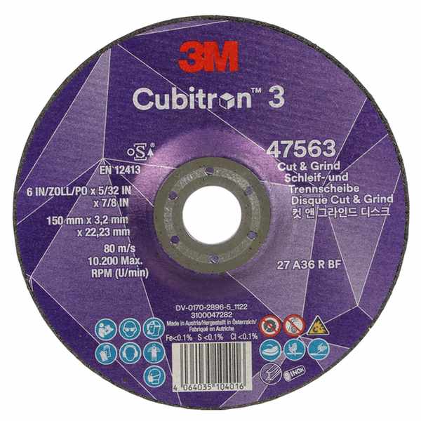Disque à meuler et à tronçonner 3M Cubitron 3, 47563, 36+, T27, 150 mm x 3,2 mm x 22,23 mm, EN, 10/paquet, 20 pièces/carton