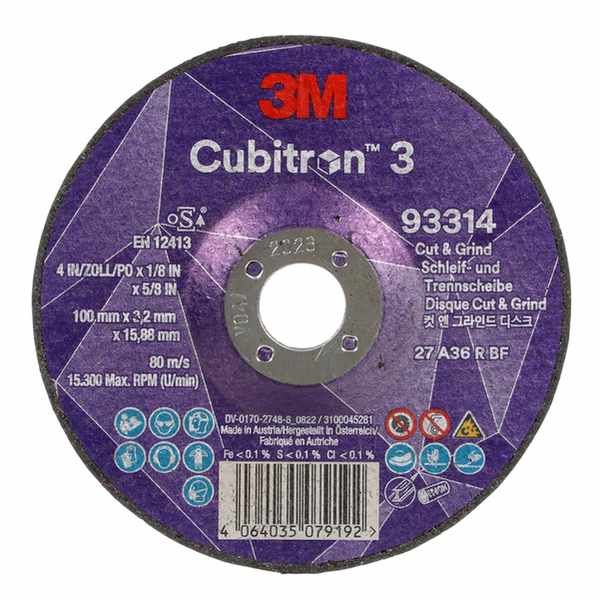 Disque à meuler et à tronçonner 3M Cubitron 3, 93314, 36+, T27, 100 mm x 3,2 mm x 15,88 mm, EN, 10/paquet, 20 pièces/carton