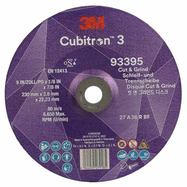 Disque à meuler et à tronçonner 3M Cubitron 3, 93395, 36+, T27, 230 mm x 3,8 mm x 22,23 mm, EN, 10/paquet, 20 pièces/carton