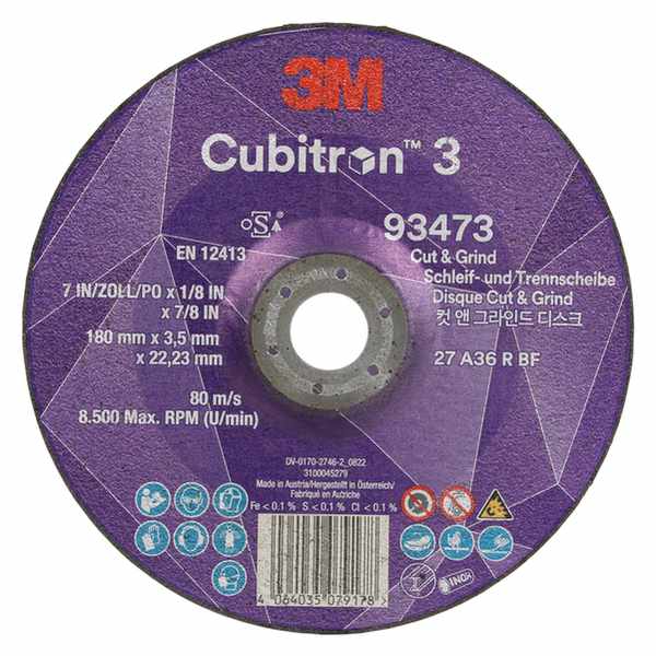 Disque à meuler et à tronçonner 3M Cubitron 3, 93473, 36+, T27, 180 mm x 3,5 mm x 22,23 mm, EN, 10/paquet, 20 pièces/carton