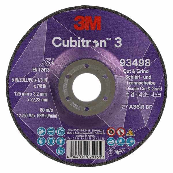 Disque à meuler et à tronçonner 3M Cubitron 3, 93498, 36+, T27, 125 mm x 3,2 mm x 22,23 mm, EN, 10/paquet, 20 pièces/carton