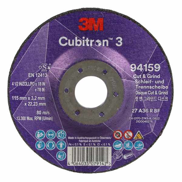 Disque à meuler et à tronçonner 3M Cubitron 3, 94159, 36+, T27, 115 mm x 3,2 mm x 22,23 mm, EN, 10/paquet, 20 pièces/carton