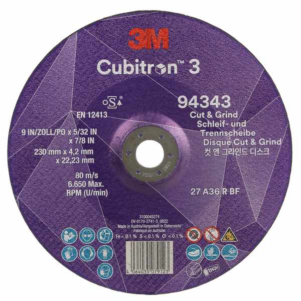 Disque à meuler et à tronçonner 3M Cubitron 3, 94343, 36+, T27, 230 mm x 4,2 mm x 22,23 mm, EN, 10/paquet, 20 pièces/carton