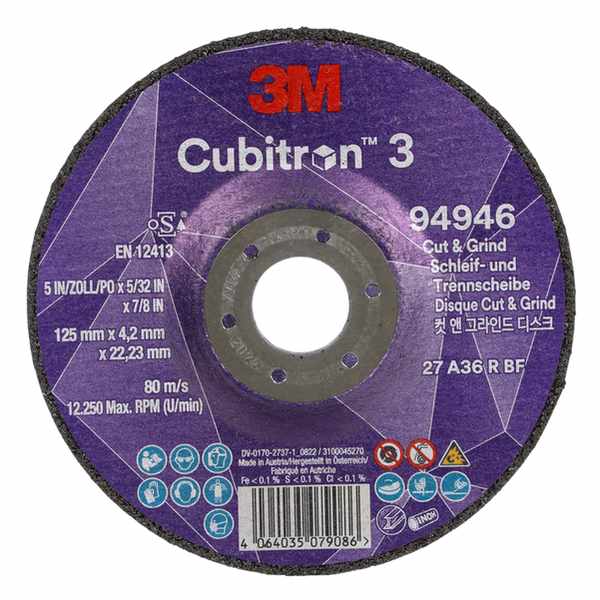 Disque à meuler et à tronçonner 3M Cubitron 3, 94946, 36+, T27, 125 mm x 4,2 mm x 22,23 mm, EN, 10/paquet, 20 pièces/carton