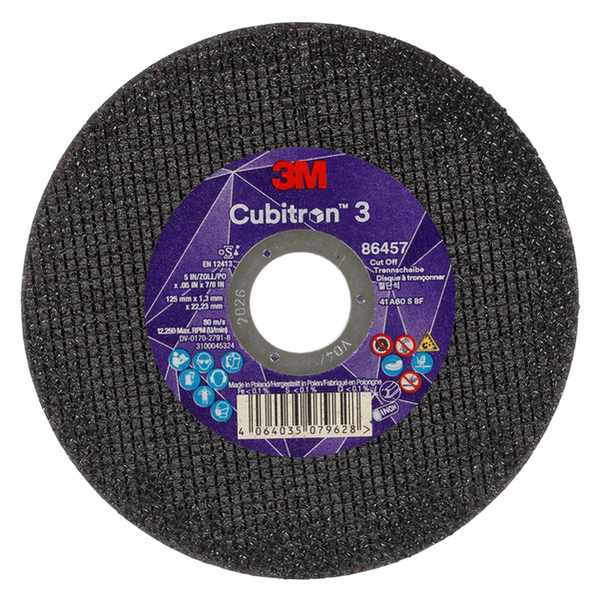Disque à tronçonner 3M Cubitron 3, 86457, 60+, T41, 125 mm x 1,3 mm x 22,23 mm, EN, 25/paquet, 50 pièces/carton