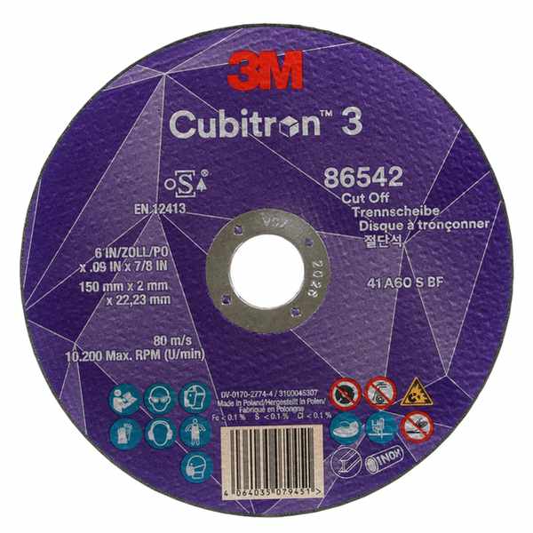 Disque à tronçonner 3M Cubitron 3, 86542, 60+, T41, 150 mm x 2 mm x 22,23 mm, EN, 25/paquet, 50 pièces/carton