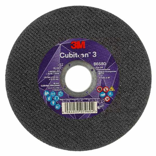 Disque à tronçonner 3M Cubitron 3, 86580, 80+, T41, 125 mm x 0,8 mm x 22,23 mm, EN, 25/paquet, 50 pièces/carton