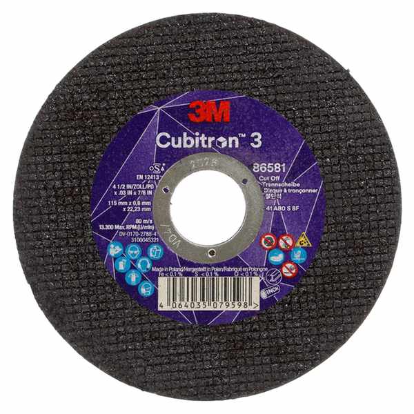 Disque à tronçonner 3M Cubitron 3, 86581, 80+, T41, 115 mm x 0,8 mm x 22,23 mm, EN, 25/paquet, 50 pièces/carton