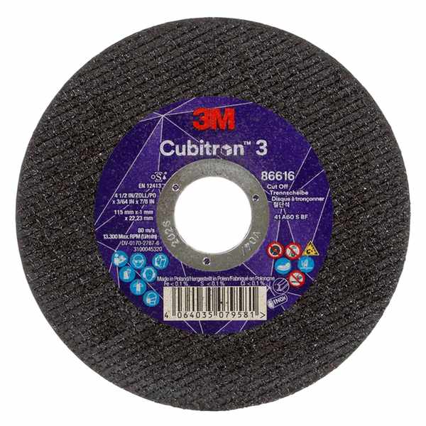 Disque à tronçonner 3M Cubitron 3, 86616, 60+, T41, 115 mm x 1 mm x 22,23 mm, EN, 25/paquet, 50 pièces/carton