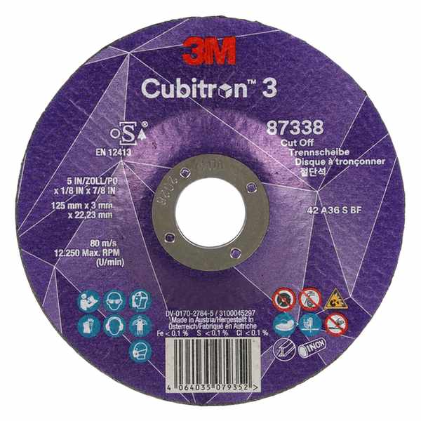 Disque à tronçonner 3M Cubitron 3, 87338, 36+, T42, 125 mm x 3 mm x 22,23 mm, EN, 25/paquet, 50 pièces/carton