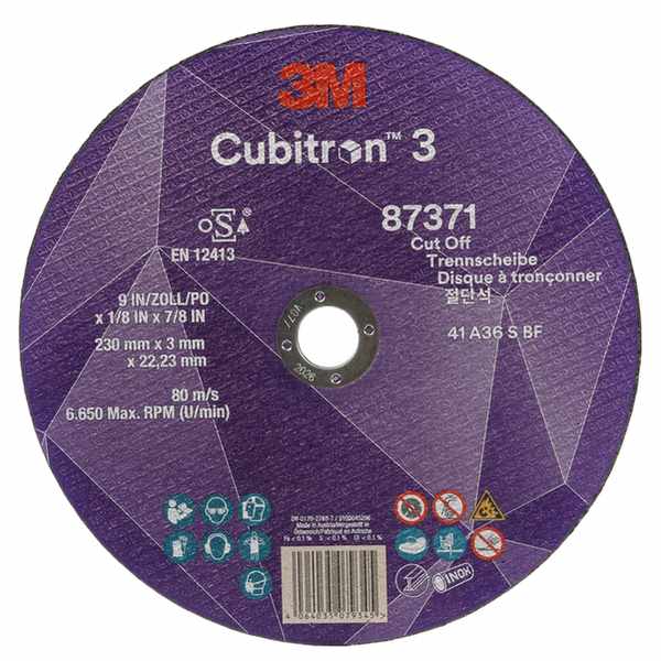 Disque à tronçonner 3M Cubitron 3, 87371, 36+, T41, 230 mm x 3 mm x 22,23 mm, EN, 25/paquet, 50 pièces/carton