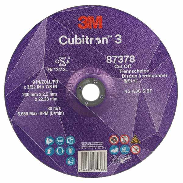 Disque à tronçonner 3M Cubitron 3, 87378, 36+, T42, 230 mm x 2,5 mm x 22,23 mm, EN, 25/paquet, 50 pièces/carton