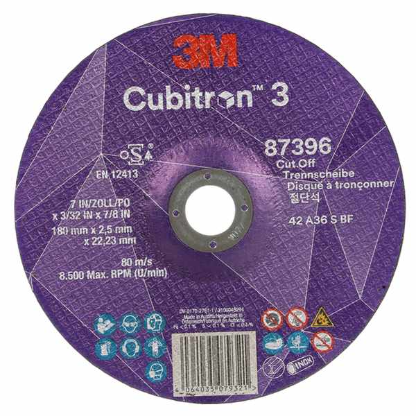 Disque à tronçonner 3M Cubitron 3, 87396, 36+, T42, 180 mm x 2,5 mm x 22,23 mm, EN, 25/paquet, 50 pièces/carton