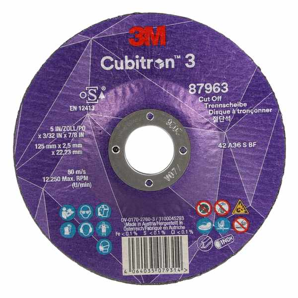Disque à tronçonner 3M Cubitron 3, 87963, 36+, T42, 125 mm x 2,5 mm x 22,23 mm, EN, 25/paquet, 50 pièces/carton