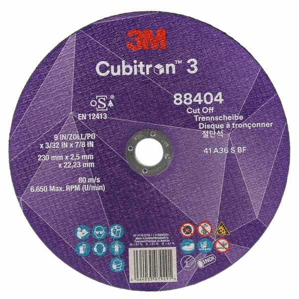 Disque à tronçonner 3M Cubitron 3, 88404, 36+, T41, 230 mm x 2,5 mm x 22,23 mm, EN, 25/paquet, 50 pièces/carton