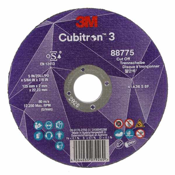 Disque à tronçonner 3M Cubitron 3, 88775, 36+, T41, 125 mm x 2 mm x 22,23 mm, EN, 25/paquet, 50 pièces/carton