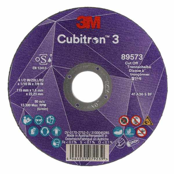 Disque à tronçonner 3M Cubitron 3, 89573, 36+, T41, 115 mm x 1,6 mm x 22,23 mm, EN, 25/paquet, 50 pièces/carton