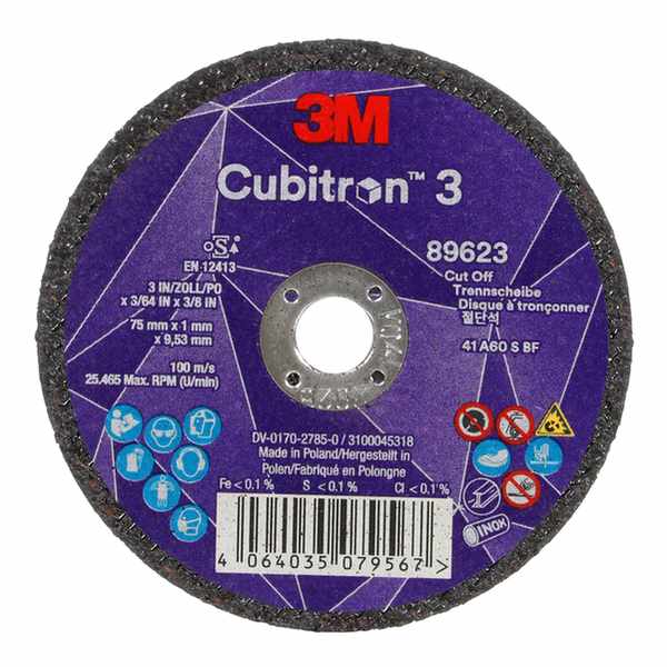 Disque à tronçonner 3M Cubitron 3, 89623, 60+, T41, 75 mm x 1 mm x 9,53 mm, EN, 25/paquet, 50 pièces/carton