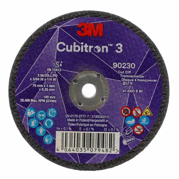 Disque à tronçonner 3M Cubitron 3, 90230, 60+, T41, 75 mm x 1 mm x 6,35 mm, EN, 25/paquet, 50 pièces/carton