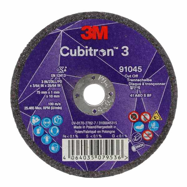 Disque à tronçonner 3M Cubitron 3, 91045, 60+, T41, 75 mm x 1 mm x 10 mm, EN, 25/paquet, 50 pièces/carton
