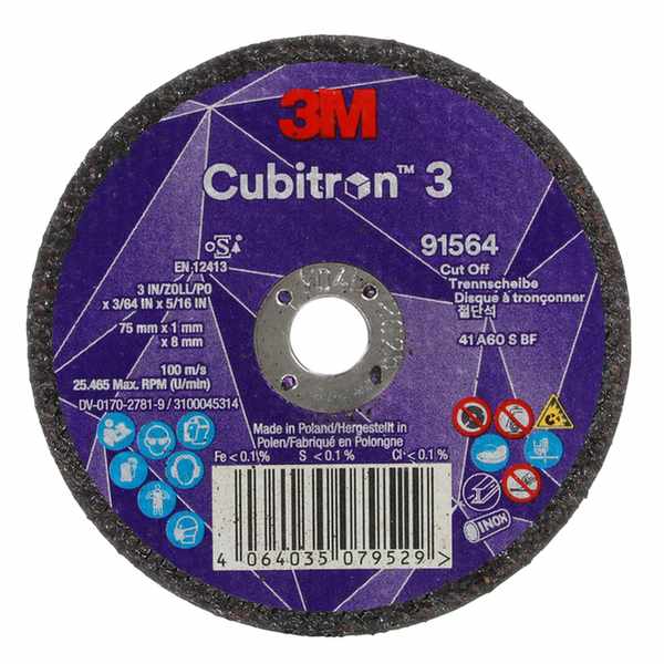 Disque à tronçonner 3M Cubitron 3, 91564, 60+, T41, 75 mm x 1 mm x 8 mm, EN, 25/paquet, 50 pièces/carton