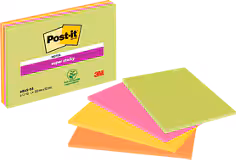 Meeting Notes Super Sticky Post-it®, Couleurs Néon Assorties, 203 mm x 152 mm, 45 Feuilles/Bloc, 4 Blocs/Paquet, 100% PEFC, SGSCH-PEFC-COC-110078