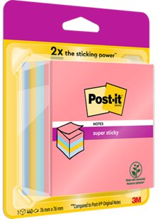 Cube Super Sticky Post-it®, couleurs assorties, 76 x 76 mm, 440 feuilles, 100% PEFC SGSCH-PEFC-COC-110078