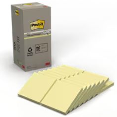 Notes Recyclées Post-it®, Jaune Canari, 76 mm x 76 mm, 100 Feuilles/Bloc, 16 Blocs/Paquet, 100% PEFC, SGSCH-PEFC-COC-110078