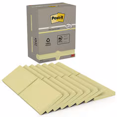 Notes Recyclées Post-it®, Jaune Canari, 127 mm x 76 mm, 100 Feuilles/Bloc, 16 Blocs/Paquet, 100% PEFC, SGSCH-PEFC-COC-110078