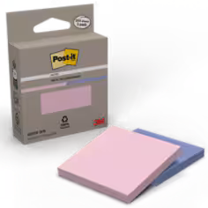 Notes Recyclées Post-it®, Bleu et Rose, 76 mm x 76 mm, 100 Feuilles/Bloc, 2 Blocs/Paquet, 100% PEFC, SGSCH-PEFC-COC-110078