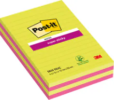 Notes Super Sticky Post-it® Grand Format, Couleurs Assorties, Lignées, 127 mm x 203 mm, 45 Feuilles/Bloc, 4 Blocs/Paquet, 100% PEFC, SGSCH-PEFC-COC-110078