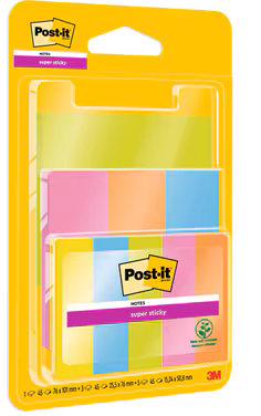 Notes Super Sticky Post-it®, couleurs assorties, paquet incluant des marque-pages papier, 45 feuilles/bloc, 9 blocs/paquet, 100% PEFC, SGSCH-PEFC-COC-110078