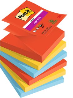 Z-Notes Post-it® Super Sticky, Collection Playful, 76 mm x 76 mm, 90 Feuilles/Bloc, 6 Blocs/Paquet, 100% PEFC, SGSCH-PEFC-COC-110078