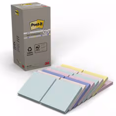 Notes Recyclées Post-it®, Couleurs Assorties, 76 mm x 76 mm, 100 Feuilles/Bloc, 16 Blocs/Paquet, 100% PEFC, SGSCH-PEFC-COC-110078