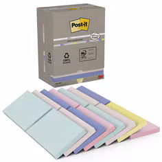 Notes Recyclées Post-it®, Couleurs Assorties, 127 mm x 76 mm, 100 Feuilles/Bloc, 16 Blocs/Paquet, 100% PEFC, SGSCH-PEFC-COC-110078