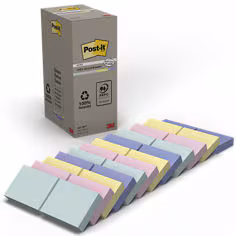 Notes Recyclées Post-it®, Couleurs Assorties, 38 mm x 51 mm, 100 Feuilles/Bloc, 24 Blocs/Paquet, 100% PEFC, SGSCH-PEFC-COC-110078