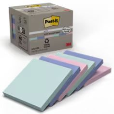 Notes Recyclées Post-it®, Couleurs Assorties, 76 mm x 76 mm, 100 Feuilles/Bloc, 6 Blocs/Paquet, 100% PEFC, SGSCH-PEFC-COC-110078