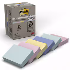 Notes Recyclées Post-it®, Couleurs Assorties, 38 mm x 51 mm, 100 Feuilles/Bloc, 6 Blocs/Paquet, 100% PEFC, SGSCH-PEFC-COC-110078