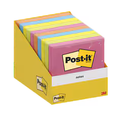 Notes Post-it®, Couleurs Assorties, 76 mm x 76 mm, 100 Feuilles/Bloc, 1 Bloc/Boîte, Paquet de Carton, 100% PEFC, SGSCH-PEFC-COC-110078