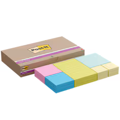 Notes Post-it® Super Sticky, Couleurs Assorties, Tailles Assorties, 90 Feuilles/Bloc, 18 Blocs/Paquet, Paquet de Carton, 100% PEFC, SGSCH-PEFC-COC-110078