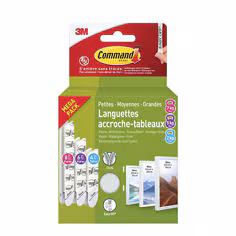 Languettes accroche tableaux Command 17211WHI-18-FGN-VP, blanches, petites, moyennes et grandes, 4 paires S, 6 paires M, 8 paires L (36 languettes), multi-pack