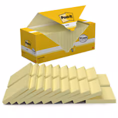 Notes Post-it®, Jaune Canari, 76 mm x 76 mm, Pack Promotionnel, 100 Feuilles/Bloc, 16 Blocs + 4 Gratuits/Paquet, Paquet de Carton, 100% PEFC, SGSCH-PEFC-COC-110078