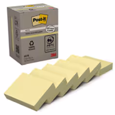 Notes Recyclées Post-it®, Jaune Canari, 38 mm x 51 mm, 100 Feuilles/Bloc, 6 Blocs/Paquet, 100% PEFC, SGSCH-PEFC-COC-110078