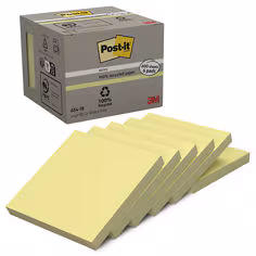 Notes Recyclées Post-it®, Jaune Canari, 76 mm x 76 mm, 100 Feuilles/Bloc, 6 Blocs/Paquet, 100% PEFC, SGSCH-PEFC-COC-110078
