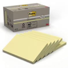 Notes Recyclées Post-it®, Jaune Canari, 127 mm x 76 mm, 100 Feuilles/Bloc, 6 Blocs/Paquet, 100% PEFC, SGSCH-PEFC-COC-110078