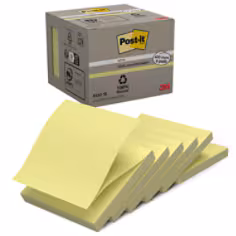 Z-Notes Recyclées Post-it®, Jaune Canari, 76 mm x 76 mm, 100 Feuilles/Bloc, 6 Blocs/Paquet, 100% PEFC, SGSCH-PEFC-COC-110078