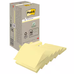 Z-Notes Recyclées Post-it®, Jaune Canari, 76 mm x 76 mm, 100 Feuilles/Bloc, 16 Blocs/Paquet, 100% PEFC, SGSCH-PEFC-COC-110078